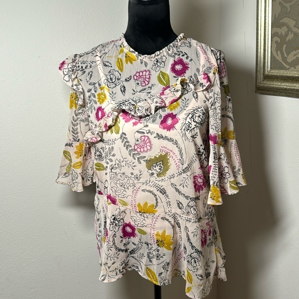 August silk layered floral printβ tan cream burgundy black 3/4 sleeves Sz S